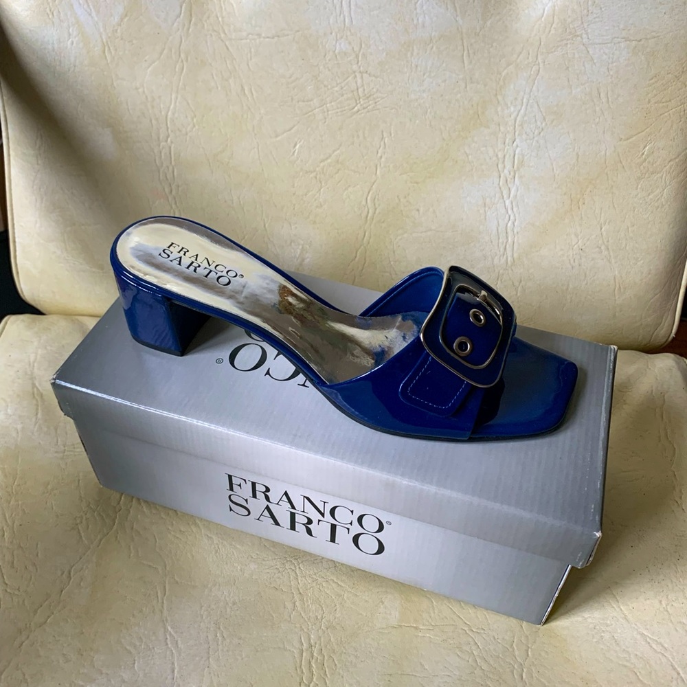 Blue patent block heel shoe with buckle